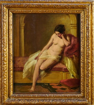 Lot 1303 - Manner of William Etty (1787-1849) oil on canvas laid on panel - Reclining Female Nude, 47cm x 39cm, in carved gilt frame
