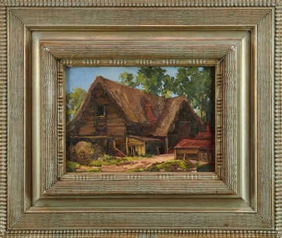 Lot 1337 - Lewis Taylor Gibb (1873-1945) oil on board - A Thatched Barn, 24.5cm x 34.5cm, in silvered frame. Together with the artists wooden palette and assorted ephemera relating to the artist, including Gl...