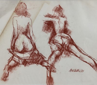 Lot 595 - Peter Collins (1923-2001) red crayon sketches - female nude, signed and dated '81, 35cm x 40cm, in glazed gilt frame