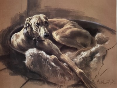 Lot 76 - Mick Cawston signed limited edition print of a greyhound, 77/500, together with two hunting prints, each in glazed frame