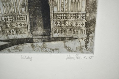 Lot 1341 - *Valerie Thornton (1931-1991) two limited edition aquatints - Kersey, signed and dated '85, 33/70 and Horseman, Fidenza, signed and dated '85, 32/75 in glazed frames