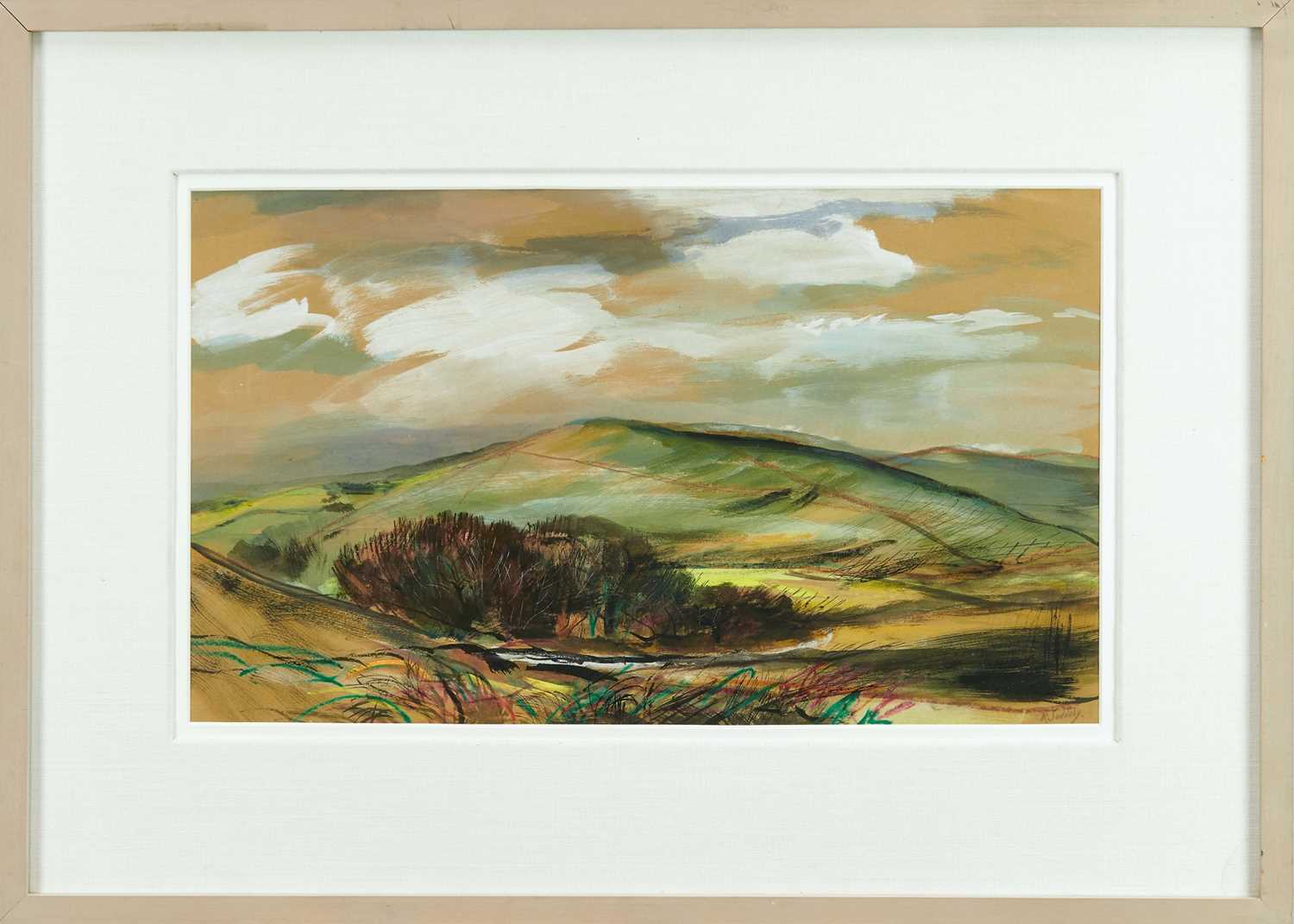Lot 1420 - *Rowland Suddaby (1912-1972) watercolour - Downland Landscape, signed, 37cm x 64cm, in glazed frame 
Provenance: Adam Gallery, Bath