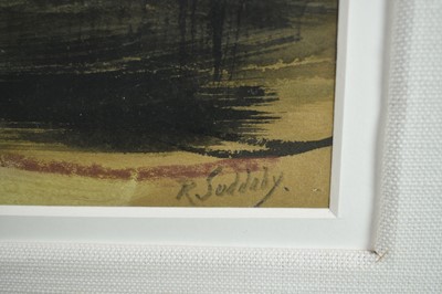 Lot 1420 - *Rowland Suddaby (1912-1972) watercolour - Downland Landscape, signed, 37cm x 64cm, in glazed frame 
Provenance: Adam Gallery, Bath