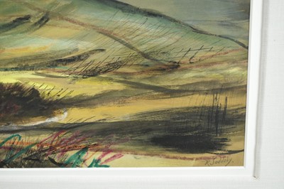 Lot 1420 - *Rowland Suddaby (1912-1972) watercolour - Downland Landscape, signed, 37cm x 64cm, in glazed frame 
Provenance: Adam Gallery, Bath