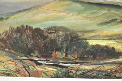 Lot 1420 - *Rowland Suddaby (1912-1972) watercolour - Downland Landscape, signed, 37cm x 64cm, in glazed frame 
Provenance: Adam Gallery, Bath