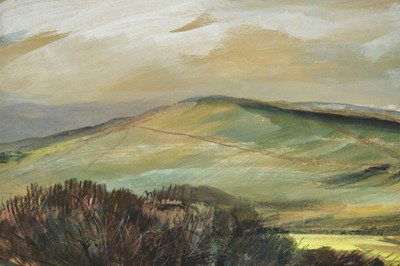 Lot 1420 - *Rowland Suddaby (1912-1972) watercolour - Downland Landscape, signed, 37cm x 64cm, in glazed frame 
Provenance: Adam Gallery, Bath