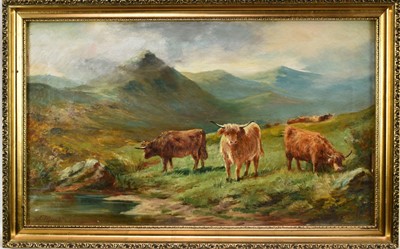Lot 1391 - John Macpherson Act. 1858 - 1891 
A mountainous landscape with highland cattle by a 
pool, oil on canvas, signed, in gilt frame. 30 x 51cm