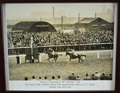 Lot 1257 - Group of seven 1940s-50s black and white press photographs to include racing at Hurst Park, Epsom, Kempton and Newmarket, each with typed wording as to to runners and riders and dates, framed size...