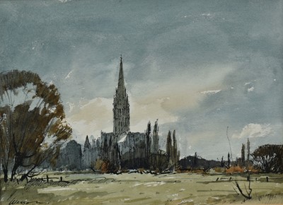 Lot 1487 - *Edward Wesson (1910-1983) watercolour and ink study- 'Salisbury Cathedral from the East', signed, 21cm x 29cm, in mount. 
Provenance: Alexander Gallery, Bristol