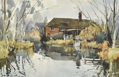 Lot 1488 - *Edward Wesson (1910-1983) watercolour and ink study- 'Near Shalford Mill', signed, 31.5cm x 48.5cm, in mount. 
Provenance: Shalford Gallery, Guildford