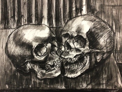 Lot 354 - *Colin Moss (1914-2005) mixed media, two skulls on a table grinning at each other, signed, 70cm x 51cm