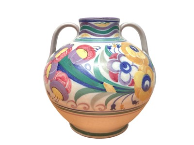 Lot 1161 - Poole Carter Stabler Adams pottery twin handled vase with polychrome painted floral decoration, 17.5cm high