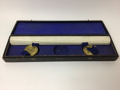Lot 105 - Victorian Grant of Arms on vellum for Beauchamp Kerr Warren Pearse Rector of Ascot dated 14th September 1891 with twin attached seals in gilt metal tins and original leather covered and gilt tooled...