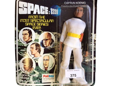 Lot 375 - Palitoy c1979 Space 1999 8" action figure Captain Koenig, Commander, Alpha Moonbase, on card with blister pack No.22830, plus CEJI French Group Action Joe c1979 Radar a Ultra-Sons No.7968 & Turboco...