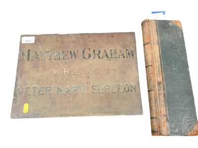 Lot 2442 - Veterinary interest: an interesting leather bound book with recipes for various treatments and medicines, together with a brass name plate, both belonging to Matthew Graham (2)
