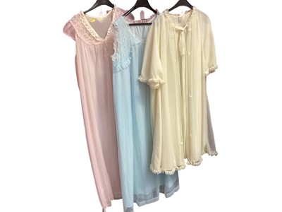 Lot 2087 - 1960's clothing including gold lurex cocktail dress, nylon nighties and similar yellow robe with daisies three blouses, petticoat, girdles, gloves and raffia handbag.