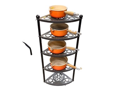 Lot 2654 - Set of Le Crueset pots and pans together with a Le Creuset cast iron five tier pot stand