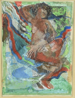 Lot 1287 - *John Doubleday (b.1947) two mixed media works on paper - Seated Nude and Standing Nude, both signed and dated '77, the first 23cm x 17cm, the second 25cm x 15cm, in glazed frames.
