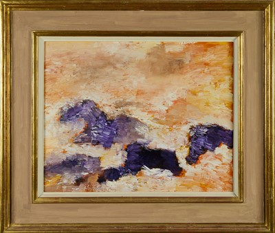 Lot 993 - Albert Houthuessen (1903-1973), acrylic on canvas, sunset sea over purple rock