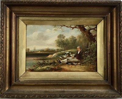 Lot 44 - Oil on canvas of a gentleman resting against a tree, signed lower left (possibly Henry Harris), 20cm x 30.5cm,  framed