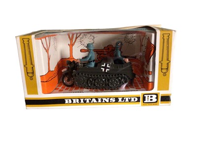 Lot 401 - Britains 1:32 Scale Kettenkrad half track motorcycle No.9780 & Afrika Korps Scout Car (x3) No.9785 (4)