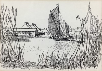 Lot 7 - Andrew Dodds, pen and ink - 'Thames Barge on the Alde', Snape, signed, titled verso, 15cm x 21cm, in glazed frame