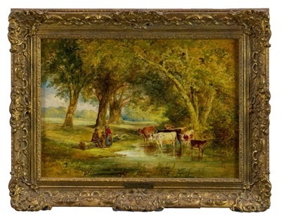 Lot 1201 - Robert Burrows (1810-1883) oil on canvas - Cattle Watering, in gilt frame