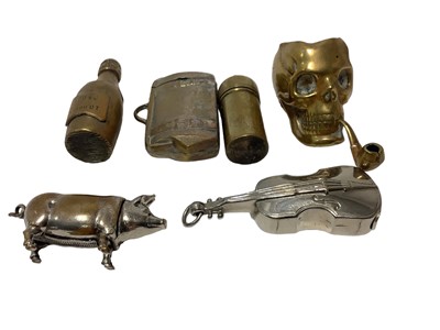 Lot 18 - Six Victorian brass and plated novelty Vesta cases including skull, violin and pig (6)