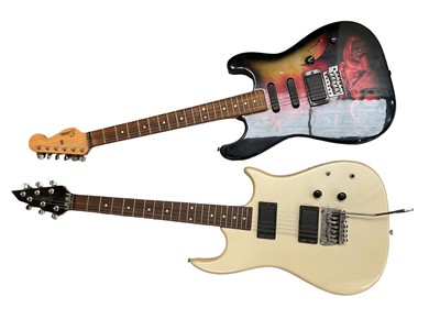 Lot 2248 - Encore electric guitar, with pearlescent finish, in soft case, and another similar