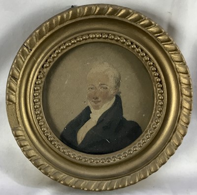 Lot 160 - Watercolour portrait miniature on paper, Circa 1825, 9.5cm x 9.5cm in gilt frame