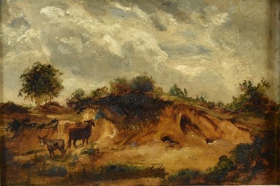Lot 1240 - Norwich School, 19th century, oil on board - Donkeys on Mousehold Heath, Norwich, 18cm x 25.5cm, in gilt frame