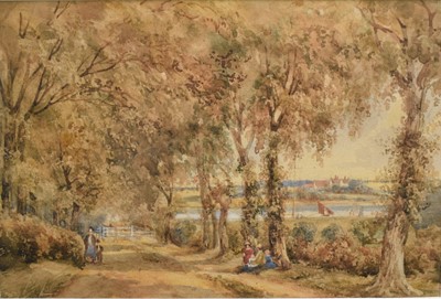 Lot 1231 - Laura Churchyard (1830-1891) watercolour - figures on a lane, a river beyond, 19cm x 28cm, in glazed gilt frame