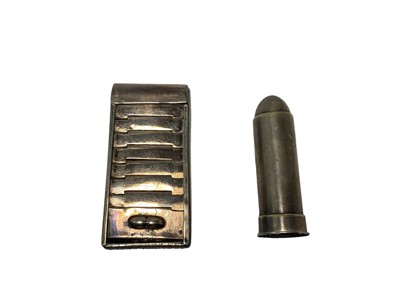 Lot 38 - Edwardian novelty nickel plated bullet Vesta case 60mm and plated novelty Vesta case in the form of a filing cabinet with tambour shutter 65mm (2)