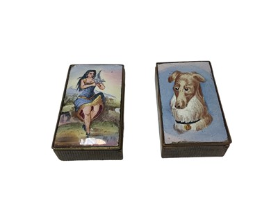 Lot 39 - Two late 19th century brass and enamel Vesta boxes painted with girl with dove and dogs head 40 x23mm
