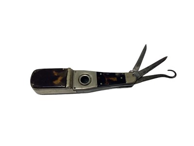 Lot 80 - Unusual Victorian combined Vesta case, cigar cutter and multiple bladed pen knife of bottle shape with nickel frame and tortoishell side plates, the blades marked Richards, Piccadilly 87mm long