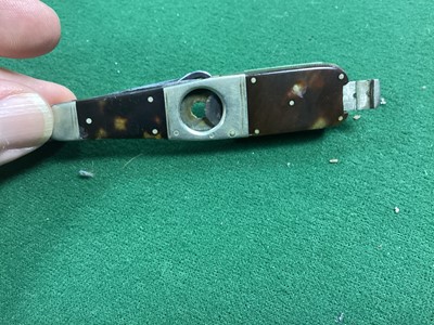 Lot 80 - Unusual Victorian combined Vesta case, cigar cutter and multiple bladed pen knife of bottle shape with nickel frame and tortoishell side plates, the blades marked Richards, Piccadilly 87mm long