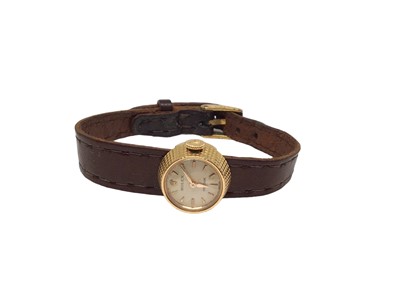 Lot 92 - 1950s Rolex Precision 18ct gold cased ladies wristwatch on integral brown leather strap