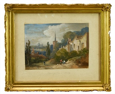 Lot 1229 - Manner of John Constable (1776-1837) bodycolour on paper inscribed 'Hampstead 1834', 13.5cm x 18.5cm, in glazed gilt frame
