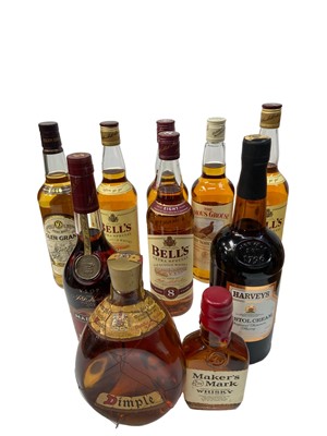 Lot 384 - Ten bottles, Bell's Whisky (4), Glen Grant, Glen Grant, Famous Grouse, Dimple, Martell VSOP Cognac, Harveys Bristol Cream and Makers Mark Whisky