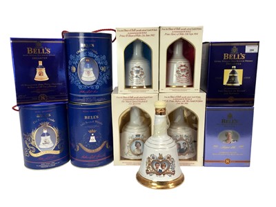 Lot 386 - Eleven bottles, Bell's Old Scotch Whisky Royal Commemorative Decanters to include Births, Birthdays and Anniversaries of the Royal Family, in orignal boxes. Together with an empty Bell's decanter a...