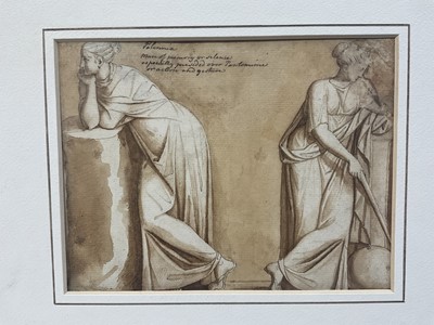 Lot 8 - English School, 19th century, watercolour - Polimia, muse of memory or silence, especially presiding over pantomime or action and gesture, signed with monogram SW, 15 x 19cm, mounted but unframed