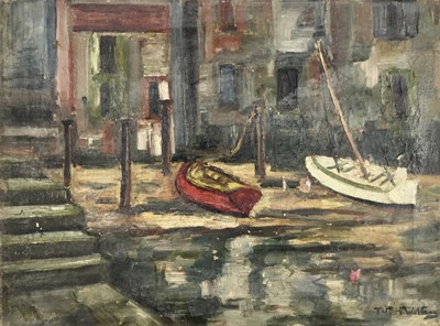Lot 193 - Tullon Walters (?) oil on canvas, French buildings and boats by a river, indistinctly signed