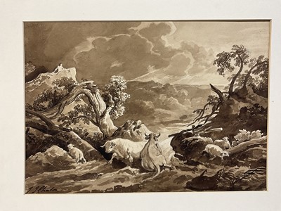 Lot 15 - 19th century monochrome wash, cattle in a landscape, bears signature 'J J Chalon' (possibly John James Chalon 1778-1854), 38 x 27cm
