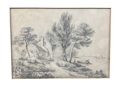 Lot 19 - Norwich School, 19th century, pencil, mill beside a river, 27 x 36cm, mounted but unframed, together with pencil and chalk of figures beside a mill by W C Smith and an 18th century pencil sketch wi...