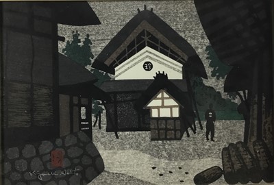 Lot 41 - Japanese woodblock print, signed bottom left, 25cm x 37cm, framed