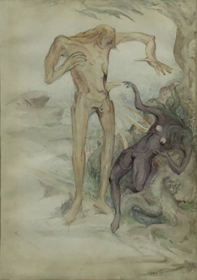 Lot 6 - Fay Pomerance (1912-2001) watercolour - ‘Adam's Awakening’, signed and inscribed, 35cm x 25cm, in glazed frame