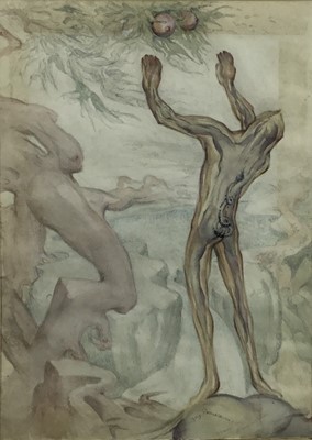 Lot 7 - Fay Pomerance (1912-2001) watercolour - ‘Adam the Sleepwalker’, signed and inscribed, 35cm x 25cm, exhibition label verso, in glazed frame