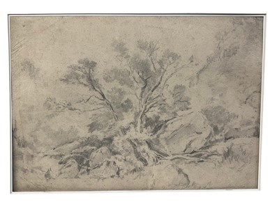 Lot 24 - Manner of David Cox (1783-1859) pencil, landscape with tree and rocks, 34 x 47cm, mounted but unframed