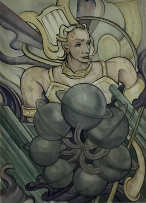 Lot 14 - Fay Pomerance (1912-2001) watercolour - Man with Seven Planets, 35cm x 25cm, unsigned, in glazed frame
