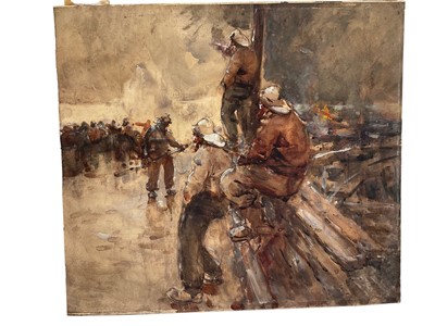 Lot 25 - Manner of Josef Israels (1824-1911) watercolour and bodycolour - Fishermen gathered, inscribed verso 'J Israel's', 36 x 40cm, mounted but unframed